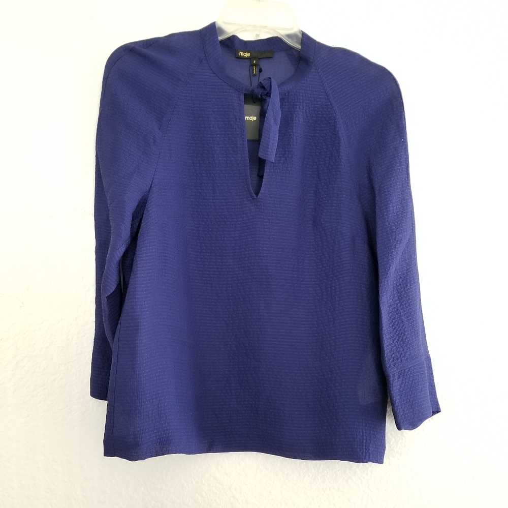 Maje Silk Bow Tie Collar Long Sleeve Blouse Size 6 Blue - Picture 3 of 4